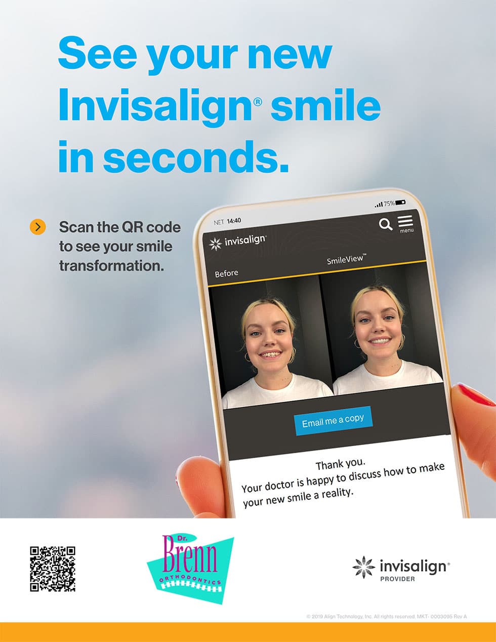 Invisalign advertisement showing smile transformation before and after with QR code and branding.